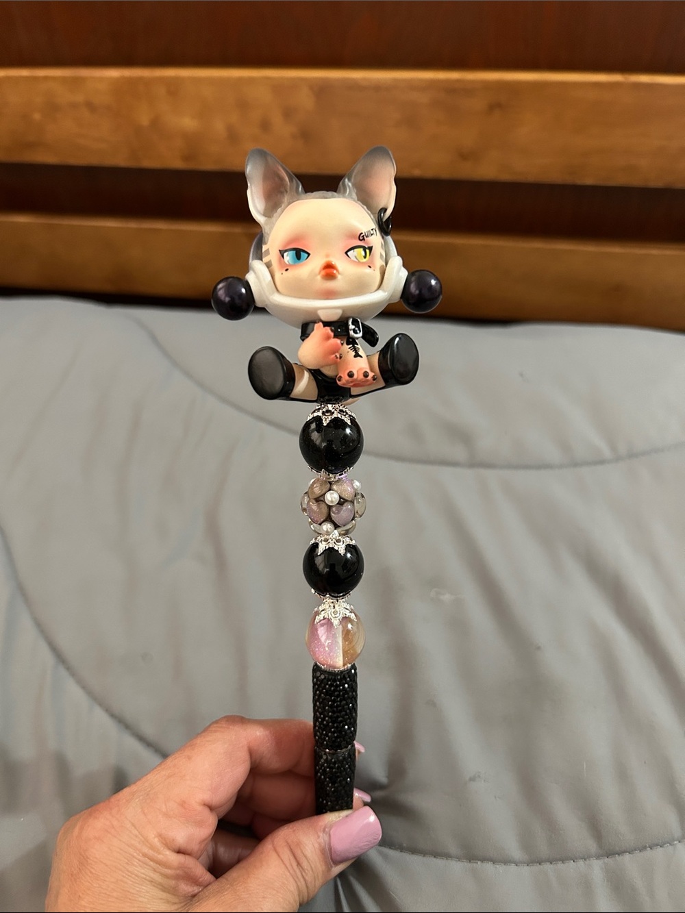 Skull Panda Decorative Beaded pen with Grey and Black beads